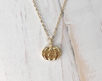 Gold Pumpkin Charm Necklace- Jack-O-Lantern