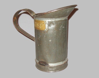 Old Antique Vtg 19th C 1800s Hand Made Tin Quart Size Measure Pitcher Brass Tag