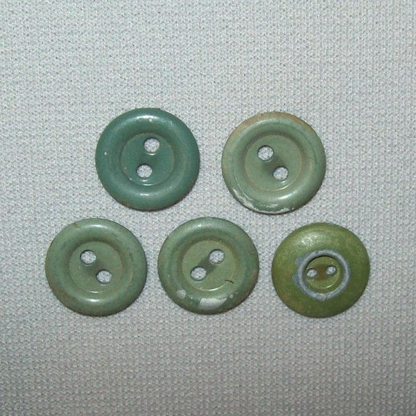 Antique Vtg 1910s Lot 5 Round Green Metal Buttons Workwear Clothes Denim Shirt