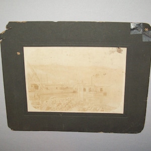 Old Antique Vtg Ca 1870s Mounted Photo Two Barges With Large Derrick Unusual