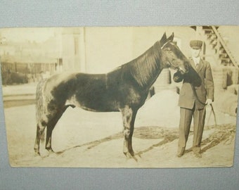 Antique Ca 1900s Man Holding His Horse RPPC Real Photo Post Card