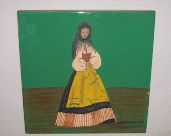 Old Vtg 1940s Hand Painted 8&quot; Italian Ceramic Art Tile Industria Ceramica Veggia