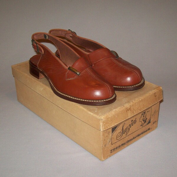 Old Antique Vtg C 1930s Deadstock Womans Suzies Brown Leather Shoes Size 4.5 Very Nice