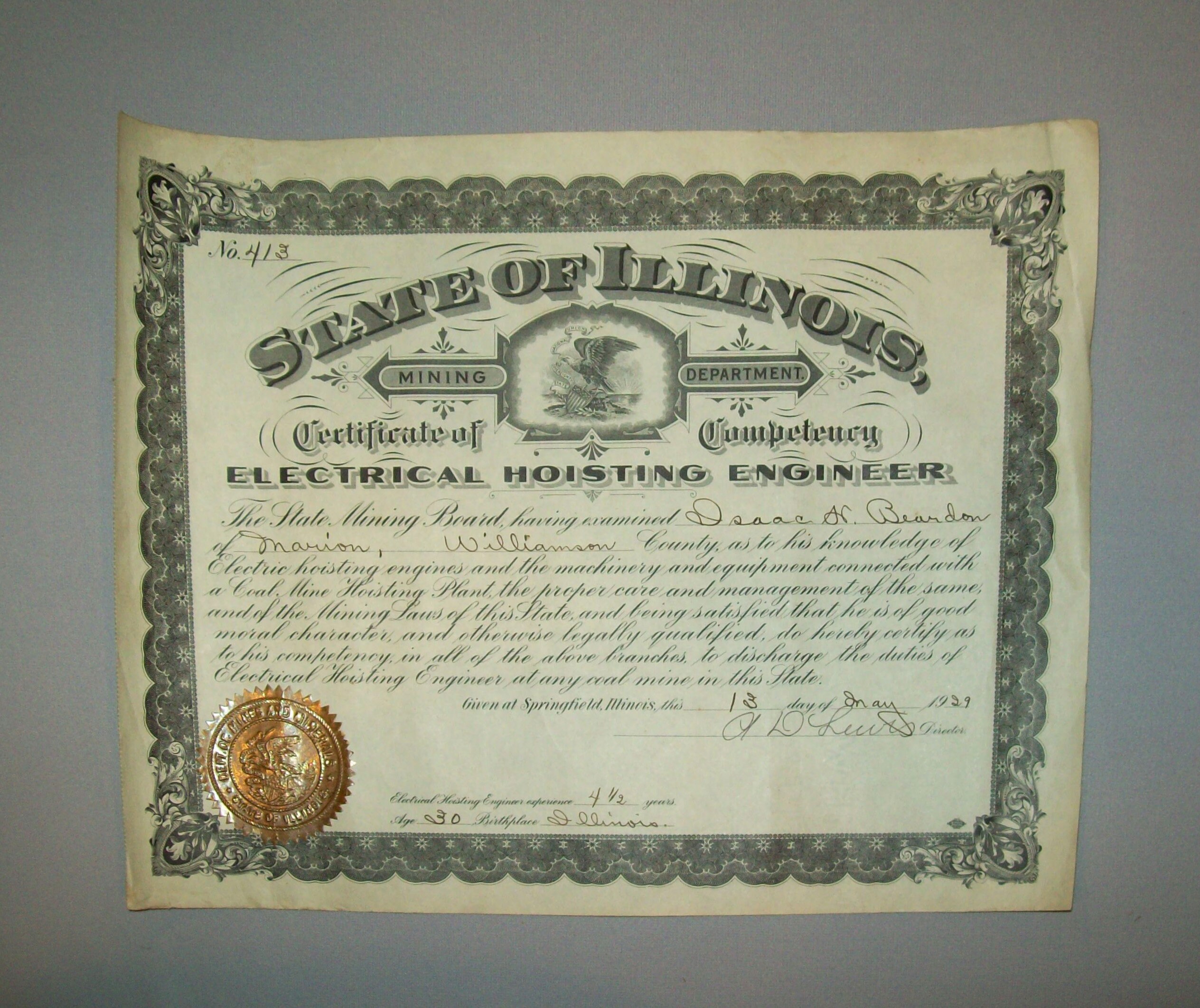 Old Antique Vtg 1929 Pair of Mining Engineer Certificates of Competency Illinois