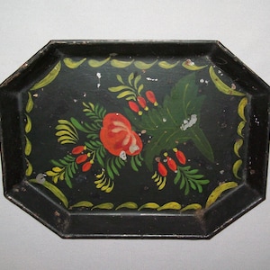 Original Antique Vtg 19th C 1830s Small Folk Art Tole Hand Painted Tin Tray Toleware