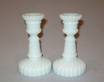 Antique Vtg 19th C 1870s Pair Miniature Pressed Milk Glass Candlestick Holders