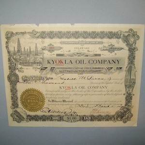 Old Antique Vtg Ca 1920s Kyokla Oil Company Stock Certificate 10,000 Shares Nice