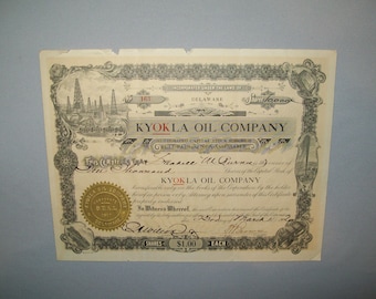 Antiguo Antique Vtg Ca 1920s Kyokla Oil Company Stock Certificate 10,000 Shares Nice