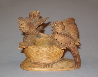 Old Vtg 19th C Folk Art Carved Wooden Bird Figures With Birds Nest Match Holder