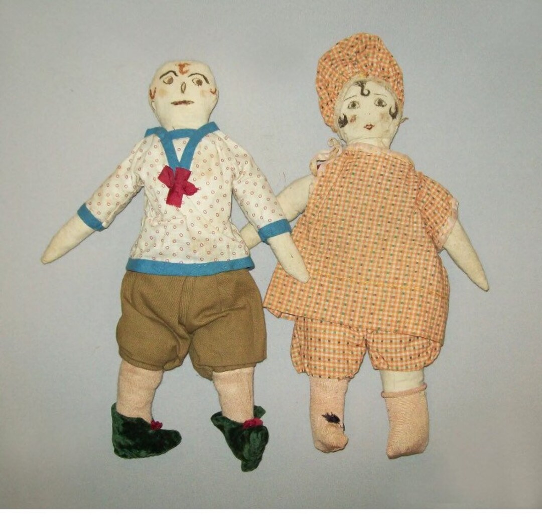 Great Vtg 1930s Pair of Folk Art Cloth Rag Dolls Hand Drawn Ink Faces ...