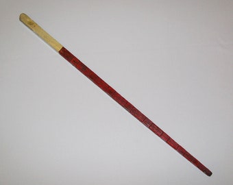 Old Antique Vtg 19th C 1880s Folk Art Carved Wooden Cane Original Red Gray Paint