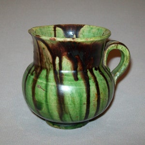 Old Antique Vtg 19th C 1800s Small Redware Pitcher Beautiful Green Brown Glaze