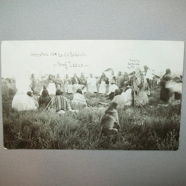 Old Antique Vtg Dated 1909 RPPC Native American Indians Photo of Beef Issue Oklahoma