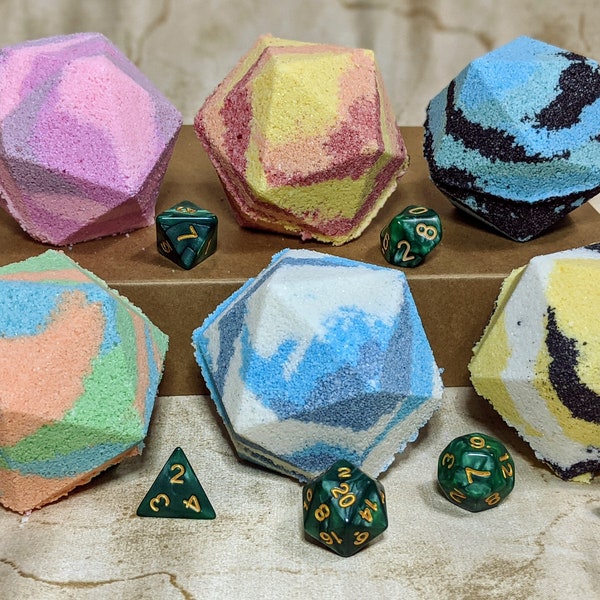 Gift Set: 6 D&D Bath Bombs with 1 set of RPG dice (Elemental Attack Spells)