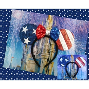 4th of July Minnie Ears, Patriotic Mickey Ears, American Flag Minnie Ears, July 4th Disney Ears Headband, Red White and Blue Disney Ears