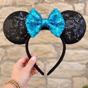 Disney Minnie Ears Headband for Adults, Aqua Blue Teal Sequin Bow, Bachelorette Bride Tribe