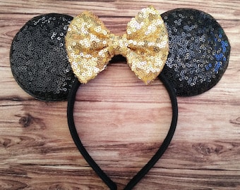 Minnie Ears Headband with Gold Sequin Bow for Kids Adult | Disney Ears Headband | Disney Bachelorette Ears | Disney Christmas