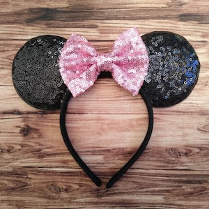 Disney Ears Headband with Light Pink Sequin Bow for Adult Kids | Minnie Ears Headband | Disney Bachelorette, Bridal Party Ears
