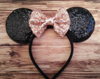 Minnie Ears Headband with Rose Gold Sequin Bow | Rose Gold Disney Ears | Rose Gold Mickey Ears | Rose Gold Minnie Mouse Ears | Rose Gold Ear