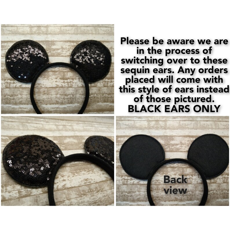 May include: Black sequin Mickey Mouse ears headband. Please be aware we are in the process of switching over to these sequin ears. Any orders placed will come with this style of ears instead of those pictured. BLACK EARS ONLY.