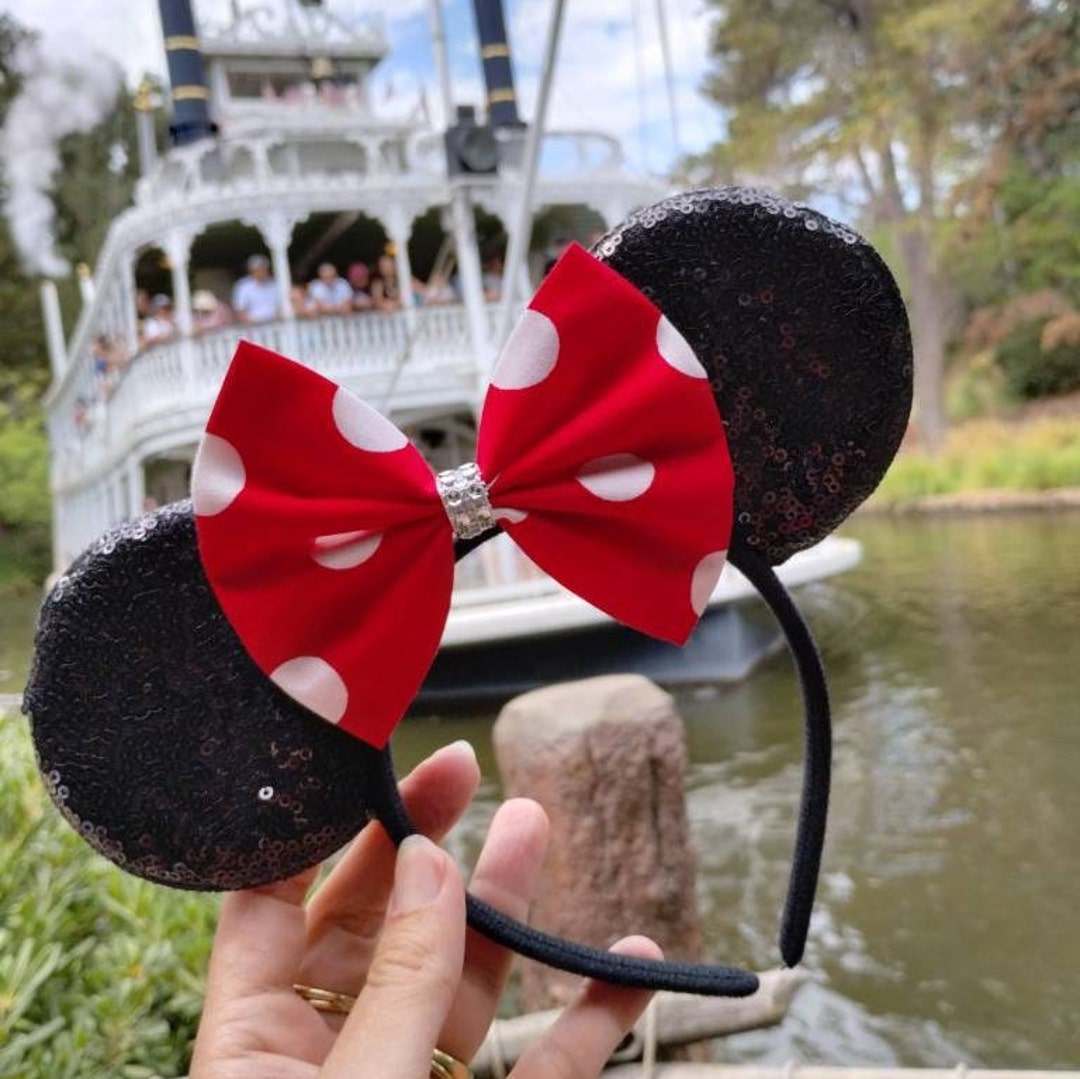 Disney Parks Sequin Minnie Mouse Ears Headband Black White Polka Dot Red Bow