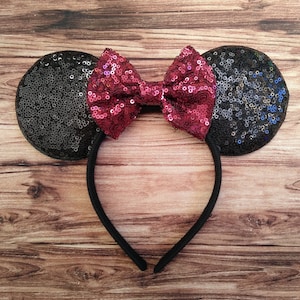Disney Ears Headband for Adults with Burgundy Sequin Bow | Minnie Ears Headband | Mickey Ears | Disney Bachelorette, Bridal Party Ears