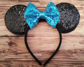 Disney Ears Headband for Adults with Aqua Blue Teal Sequin Bow | Minnie Ears Headband| Disney Bachelorette Bridal Party Ears