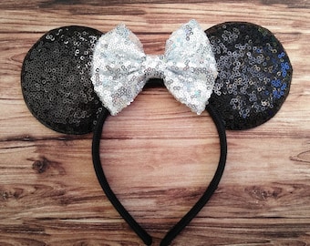 Disney Ears Headband with Silver Sequin Bow for Adults | Minnie Ears Headband | Christmas Disney Ears | Mickey Ears Headband