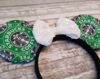 Starbucks Themed: Handmade Disney Ears Starbucks Disney Ears Headband, Starbucks Mickey Ears  main image 3