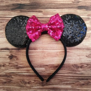 Disney Ears Headband with Dark Pink Sequin Bow for Adult | Minnie Mouse Ears Headband | Mickey Ears | Disney Bachelorette Bridal Party Ears