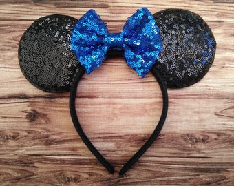 Disney Black Sequin Mouse Ear Headband with Blue Bow s-l400.jpg main image 3
