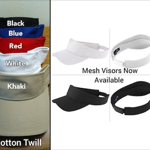 May include: Five cotton twill visors in black, blue, red, white, and khaki. The visors are all the same style, with a flat brim and a mesh back. The text "Mesh Visors Now Available" is printed on the image.