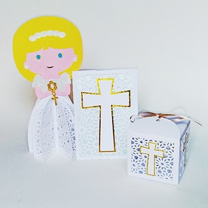 CONJUNTO RELIGIOSO. Modelos SVG. Boneca 3D, caixa de lembrancinhas e cartão de bolso. Arquivos Pdf Dxf Ai SilhouetteStudio Svg Png. Cricut, SilhouetteCameo