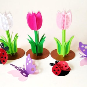 FIORI DI TULIPANI 3D. Modelli SVG. Farfalla e coccinella 3D. Centrotavola, decorazioni per la casa. Regali per ragazze. File Dxf SilhouetteStudio Ai Svg Pdf Png