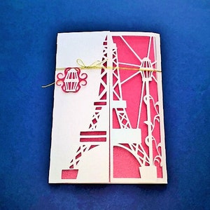 Plantillas SVG. INVITACIONES DE BODA. Tarjeta desplegable de la Torre Eiffel. Corte láser Cricut SilhouetteCameo. Archivos Dxf Svg Png SilhouetteStudio Ai Pdf