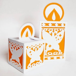Modelos SVG. Caixa de lembrancinhas e cartão de bolso. Design de VELA e BORBOLETA. Cricut, SilhouetteCameo. Dxf SilhouetteStudio Ai Svg Png Arquivos Pdf.