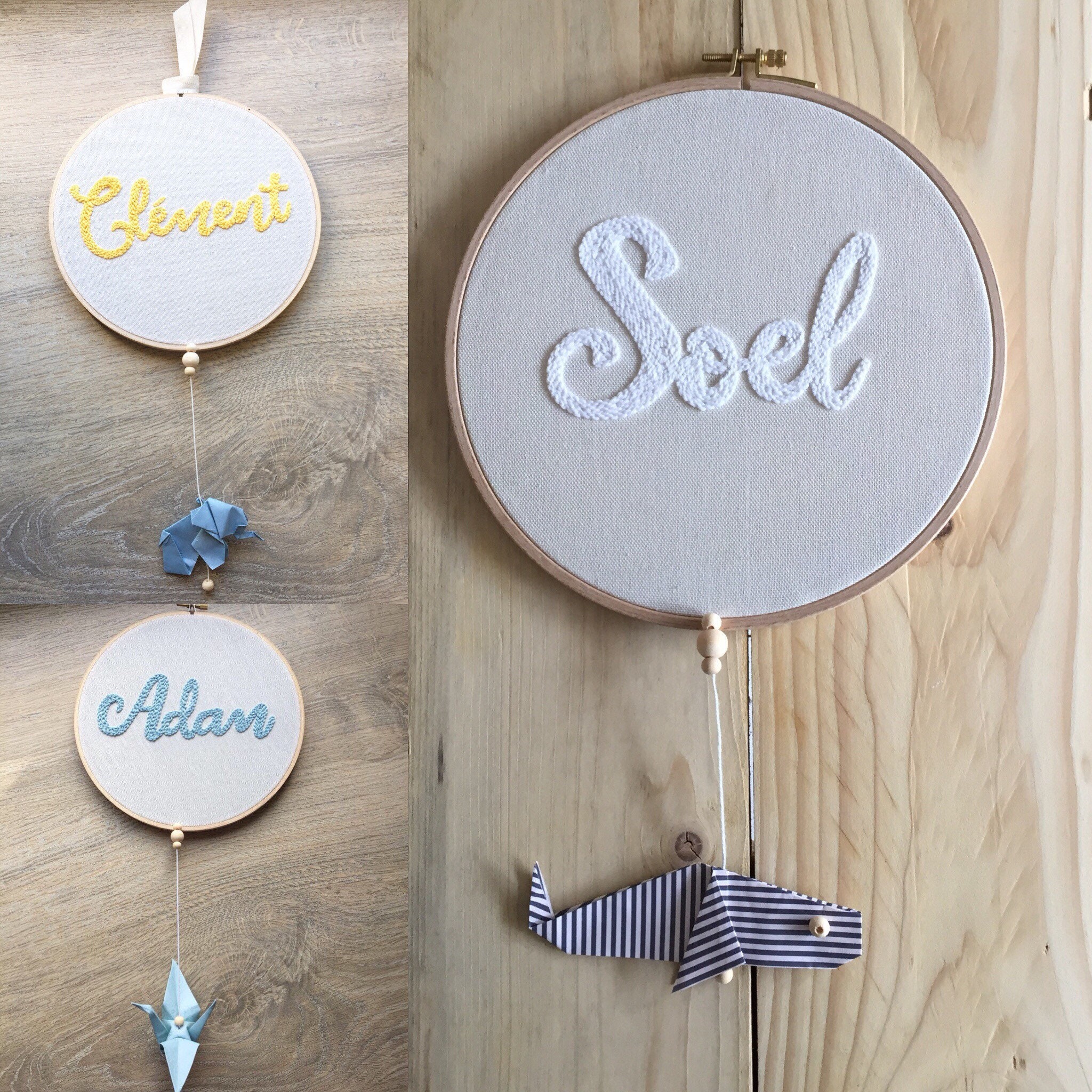 Cercle de Coton Brodé d'un Prénom ou Mot + Pendant Origami