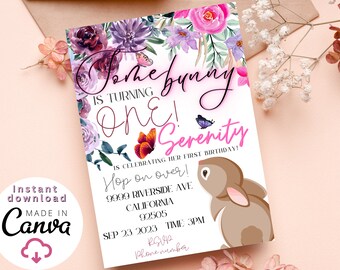 Bearbeitbare florale Hasen-Einladung (digitaler Download)