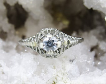 Antique Filigree 18K White Gold 1/5 CT Diamond Engagement Ring