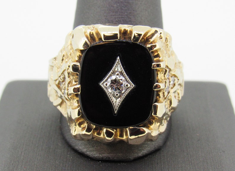 Vintage 14K Gold Black Onyx & Diamond Nugget Style Mens Ring | Etsy