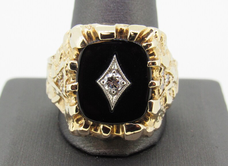 Vintage 14K Gold Black Onyx & Diamond Nugget Style Mens Ring Etsy
