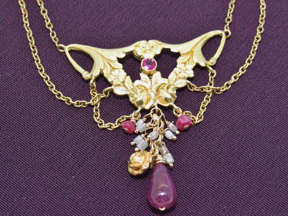 Victorian Inspired 18K Yellow Gold Ruby & Diamond… - image 2