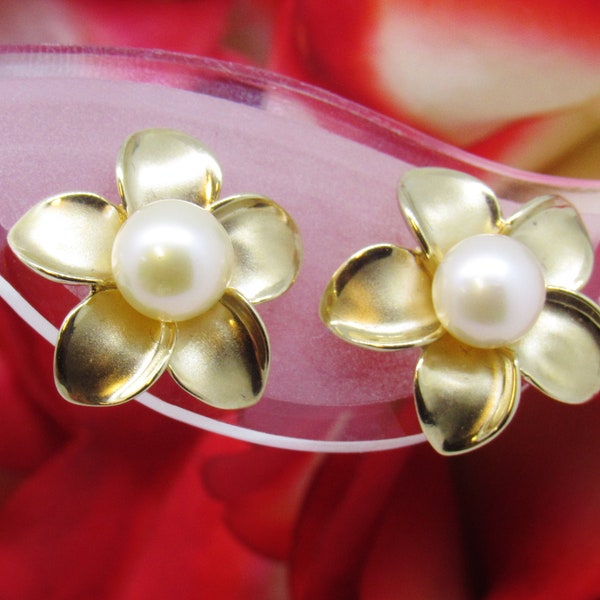Beautiful Lustrous Pearl Plumeria Flower 14K Yellow Gold Post Earrings