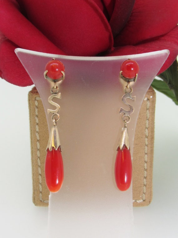 Victorian 10K Yellow Gold Coral Drop Dangle Earrings - Etsy