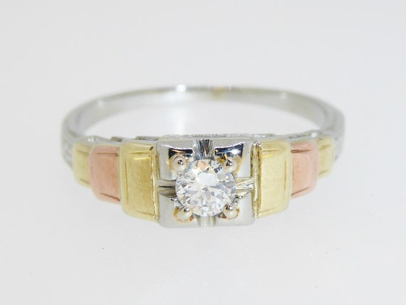 18K Tri-Color Gold 1/5 CT Old Euro Diamond Engage… - image 4