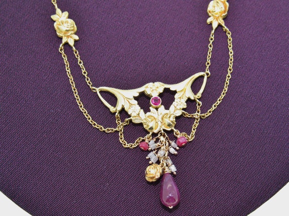 Victorian Inspired 18K Yellow Gold Ruby & Diamond… - image 8