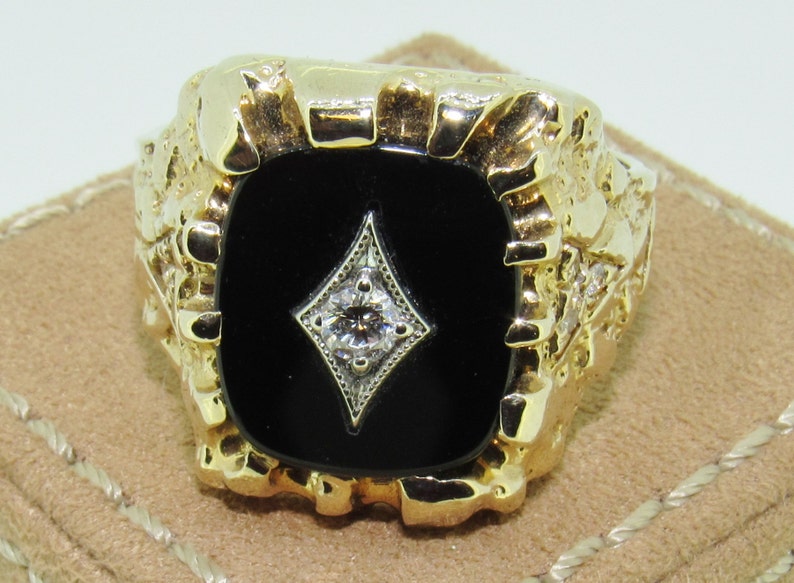Vintage 14K Gold Black Onyx & Diamond Nugget Style Mens Ring Etsy