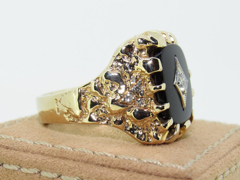 Vintage 14K Gold Black Onyx & Diamond Nugget Style Mens Ring Etsy
