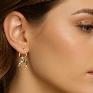 Good Luck Mismatched Gold Earrings • Emerald Green CZ Horseshoe Charm & Dainty Huggie Hoops