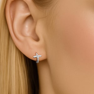 Tiny Pave Cross Hoop Earrings • Simulated Diamond Cross Huggies • Elegant Sterling Silver Earrings • Perfect Gift for Her